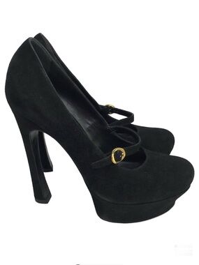 YSL Yves Saint Laurent Black Suede Tribtoo Mary Jane Platform Heels Size 38